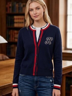 Tommy Hilfiger Navy Varsity Cardigan Sweater with Red & White Striped Trim